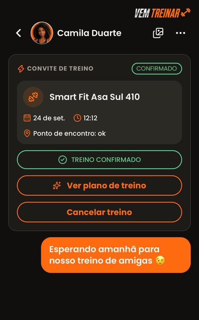 Tela de convite com treino confirmado