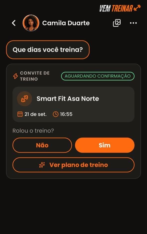Convite de treino na Smart Fit Asa Norte aguardando confirmação, com a pergunta Rolou o treino? e os botões Não e Sim