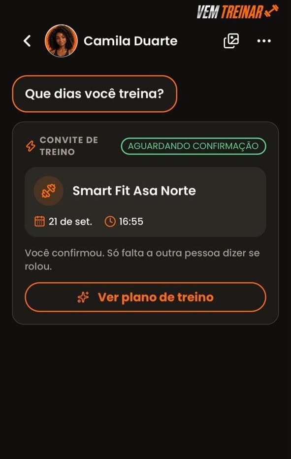 O mesmo convite, ainda aguardando confirmação, com o aviso: você confirmou, só falta a outra pessoa dizer se rolou