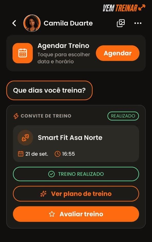 O convite com o selo Realizado, o aviso Treino realizado e o botão Avaliar treino