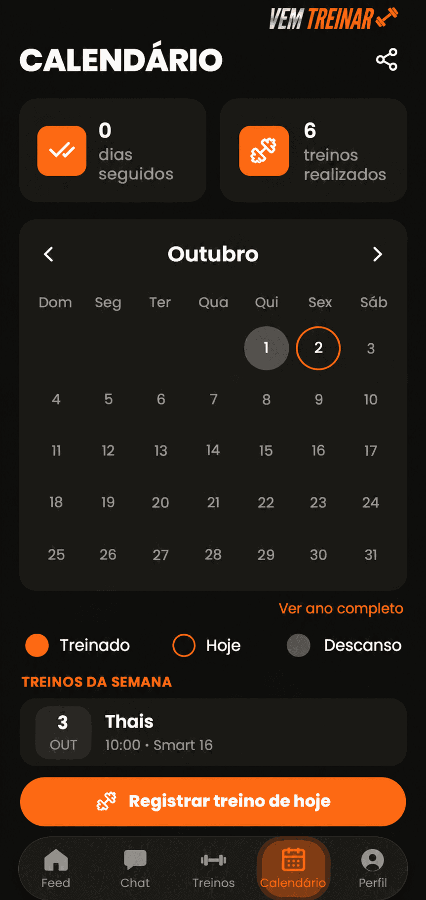 Calendário de treinos com contadores de dias e treinos realizados