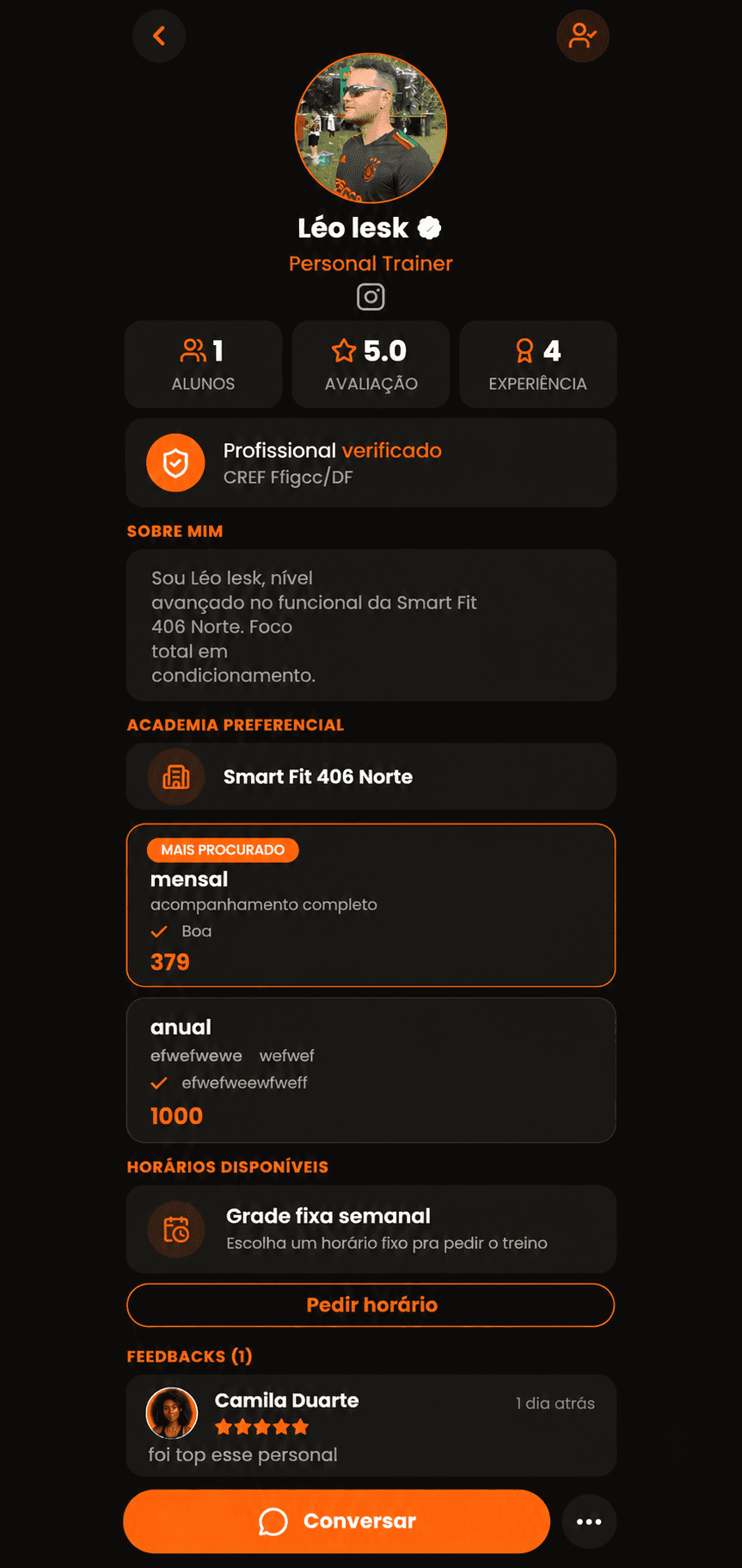 Perfil de personal trainer com especialidades, avaliações e planos disponíveis